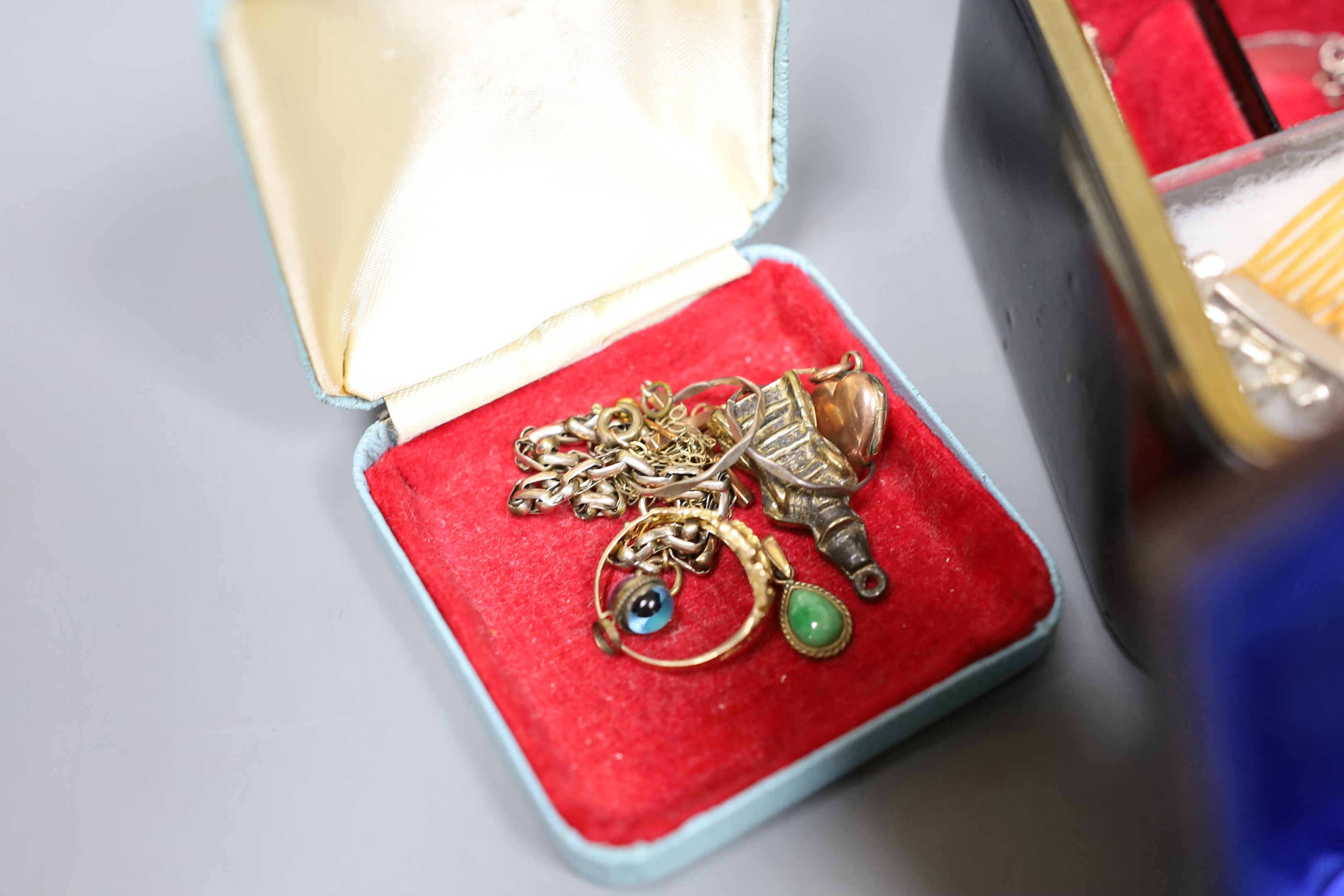A 9ct gold ruby and diamond three stone ring, size S, a 14K gold fob watch in leather box and sundry semi-precious and costume jewellery
